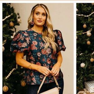 THML Floral Puff Sleeve Blouse - Green, Teal and Coral